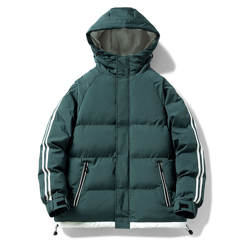 Men's padded hooded winter jacket with thermal lining, contrasting side stripes, and windproof outer shell Mune Fashion