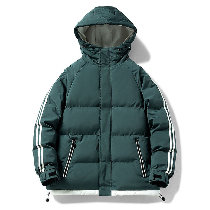 Men's padded hooded winter jacket with thermal lining, contrasting side stripes, and windproof outer shell Mune Fashion
