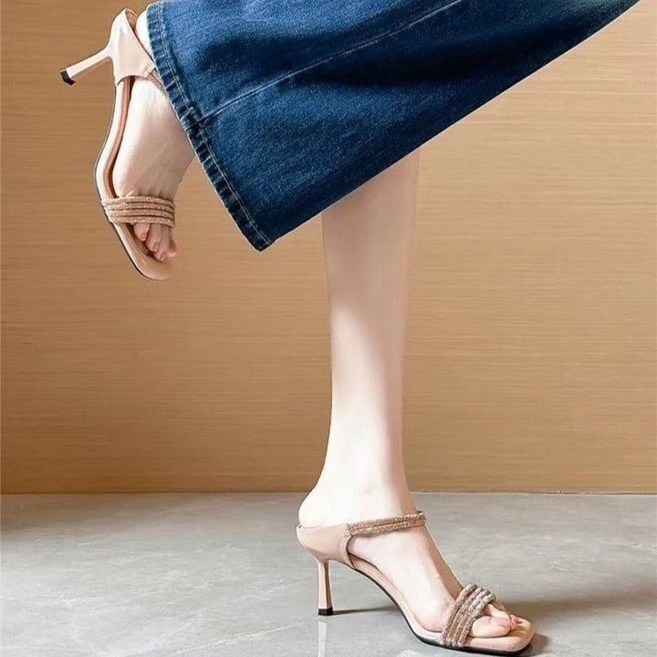 Women's Sparkling Strap Mules with Slim Stiletto Heel and Open Toe Area Mune Fashion