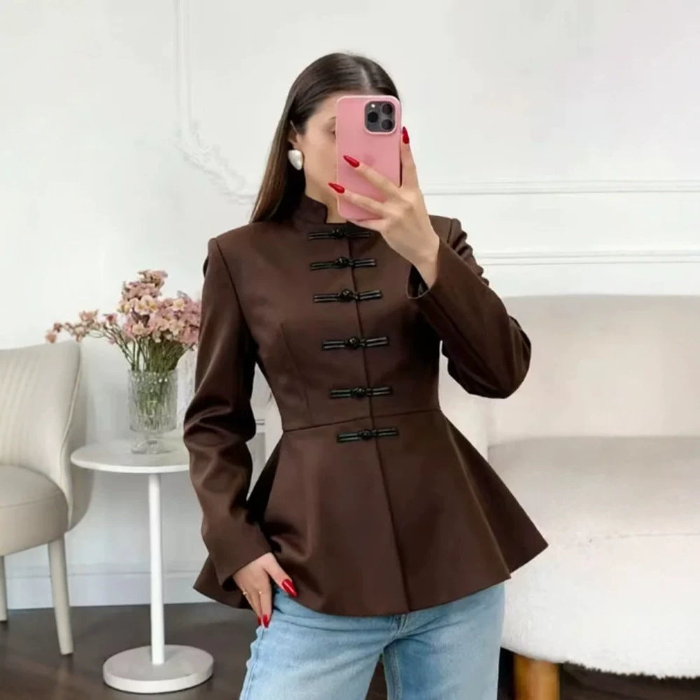 Women's Tailored Peplum Jacket with Stand Collar and Decorative Toggle Fasteners Mune Fashion