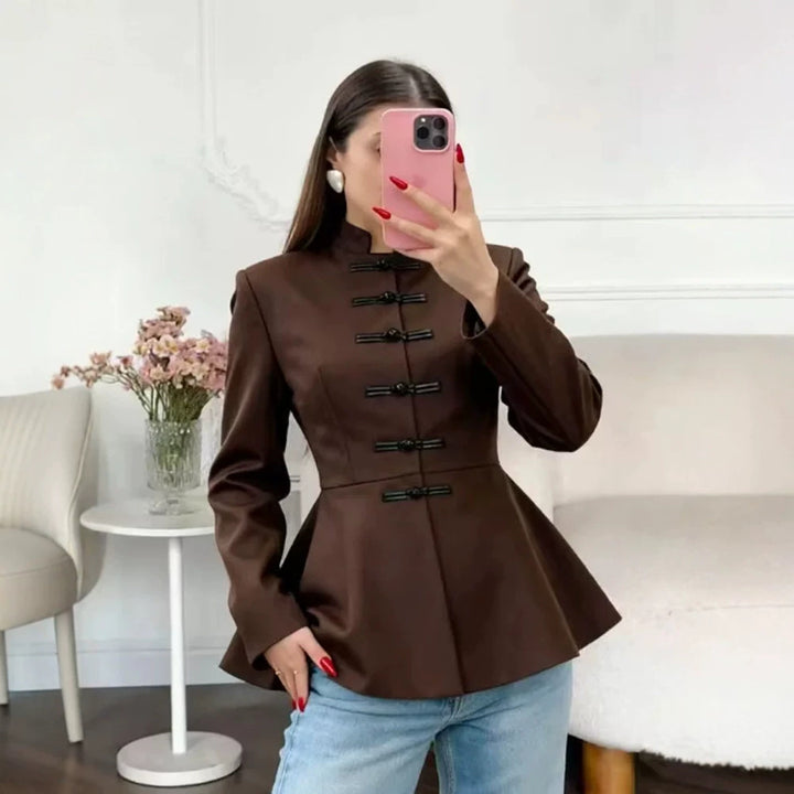 Women's Tailored Peplum Jacket with Stand Collar and Decorative Toggle Fasteners Mune Fashion