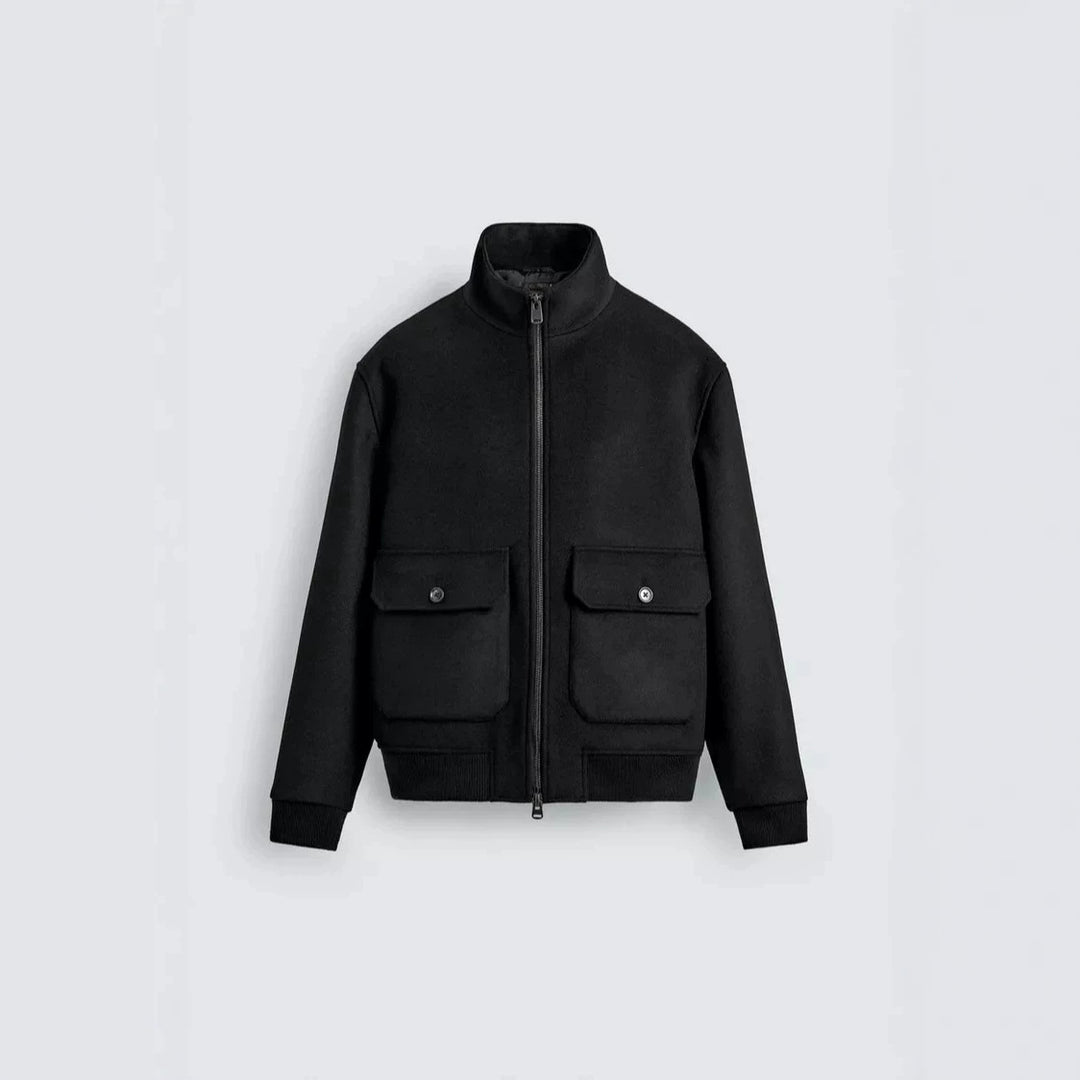 Men's short wool bomber jacket with high stand-up collar and patch flap pockets Mune Fashion