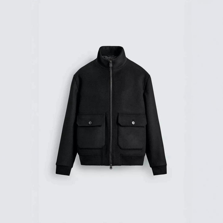 Men's short wool bomber jacket with high stand-up collar and patch flap pockets Mune Fashion