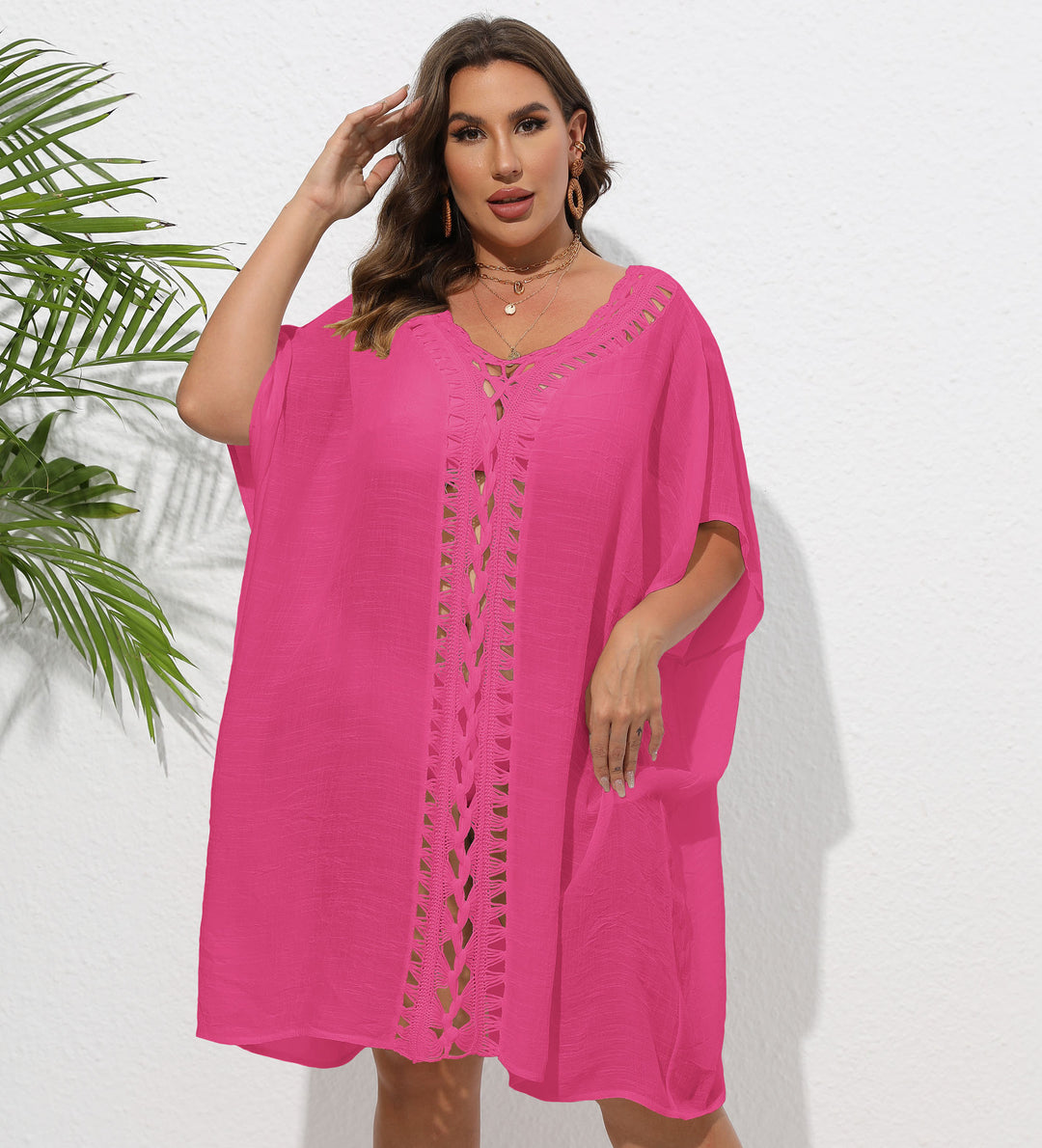 Women Airy Beach Kimono with Decorative Crochet Lace Mune Fashion