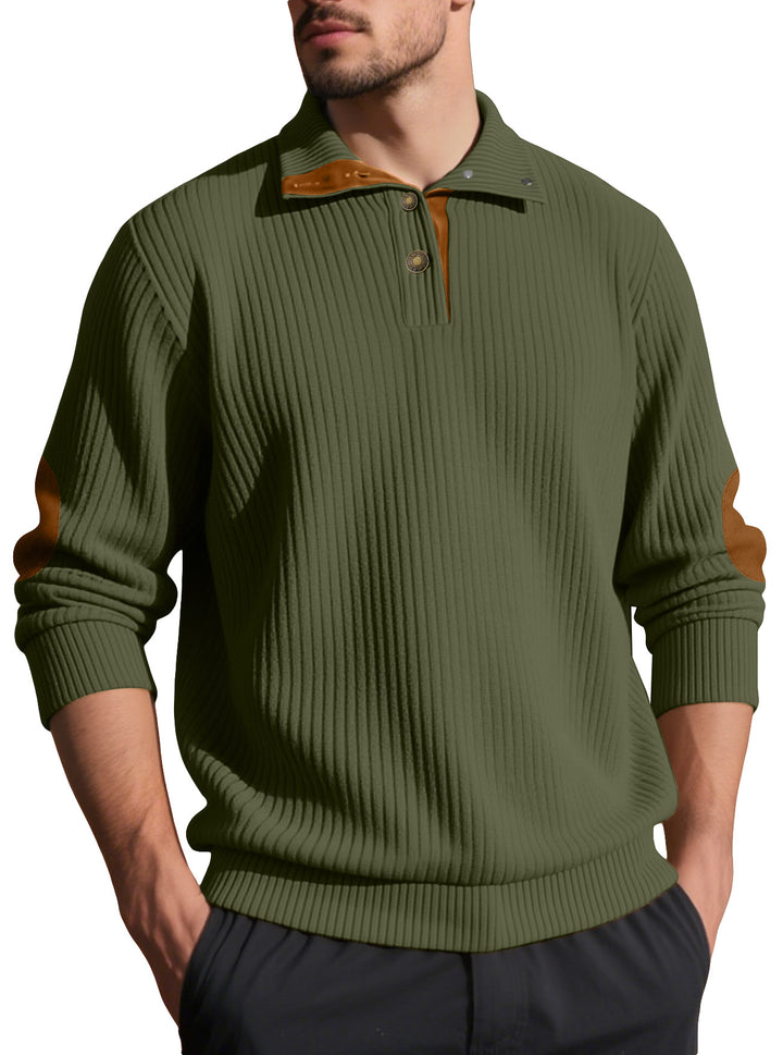 Men's ribbed half-button pullover with Kent collar and leather trim Mune Fashion