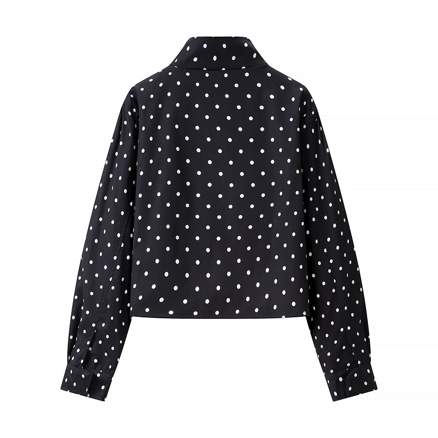 Women Polka Dot Short Jacket with Stand Collar and Concealed Snap Button Placket Mune Fashion