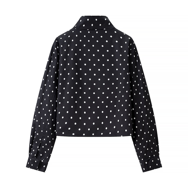 Women Polka Dot Short Jacket with Stand Collar and Concealed Snap Button Placket Mune Fashion