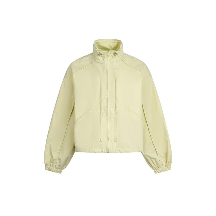 Women's short-cut wind jacket with high stand-up collar, drawstring and elastic cuffs