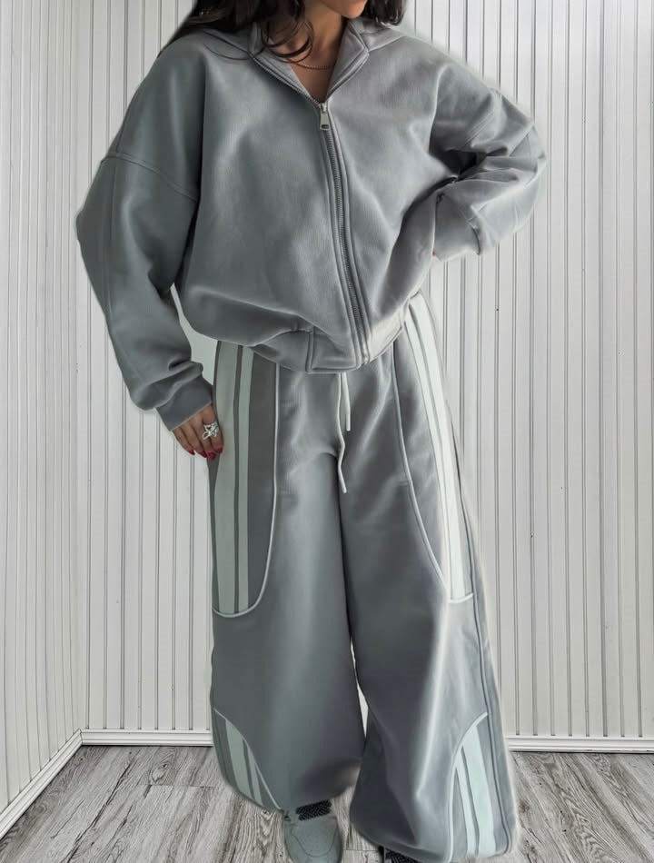 Women's Oversize Hooded Sweat Jacket with Zipper and Wide Track Pant Set Mune Fashion