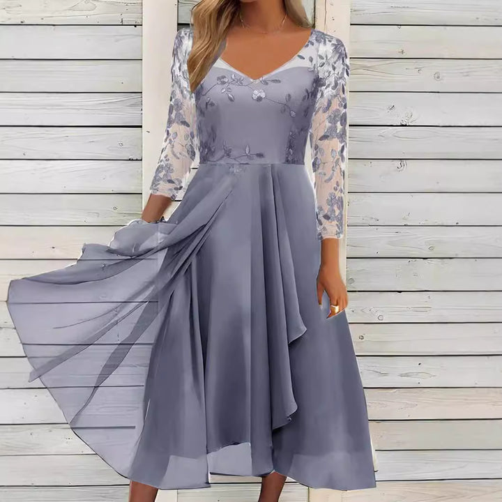 Women’s elegant midi dress with embroidered tulle top, transparent three-quarter sleeves, and layered draped skirt Mune Fashion