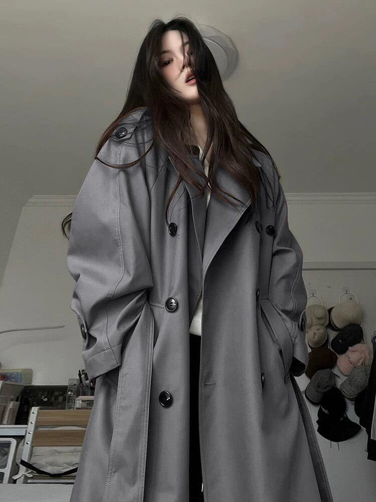 Women's Modern Boxy Trench Coat with Distinctive Shoulder Feature and Waist Belt Mune Fashion