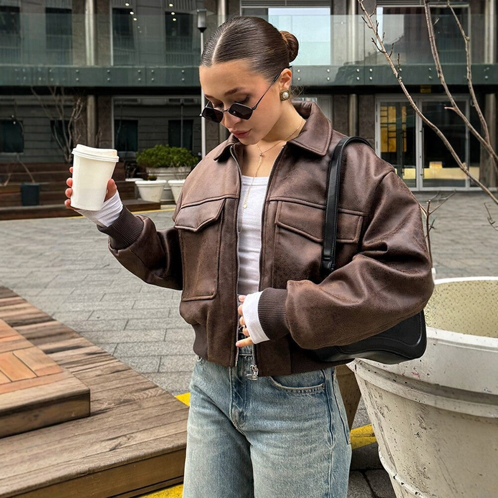 Women's Cropped Suede-Look Bomber Jacket with Large Flap Pockets and Ribbed Hem Mune Fashion