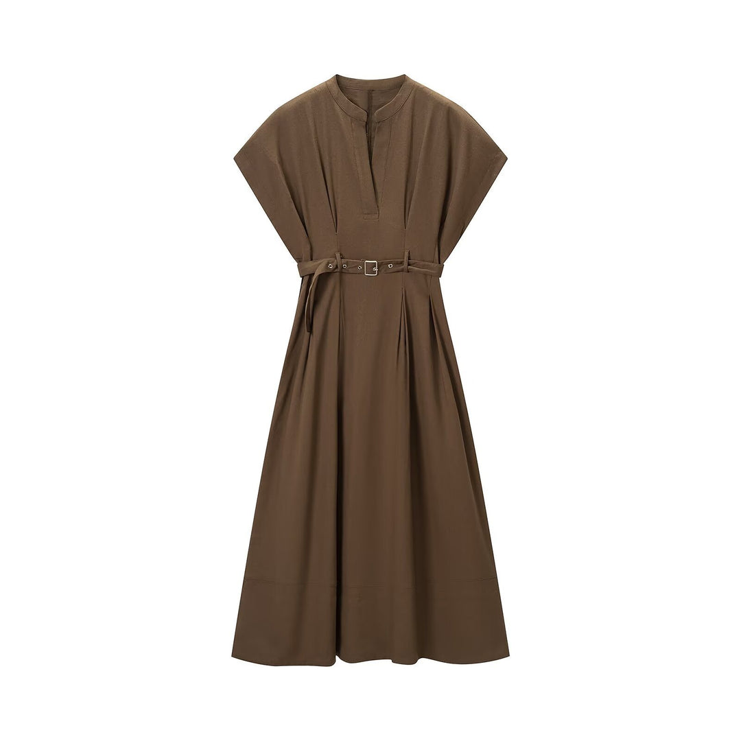 Women's A-Line Midi Dress with Stand Collar, Tailored Belt and Boxy Short Sleeves Mune Fashion