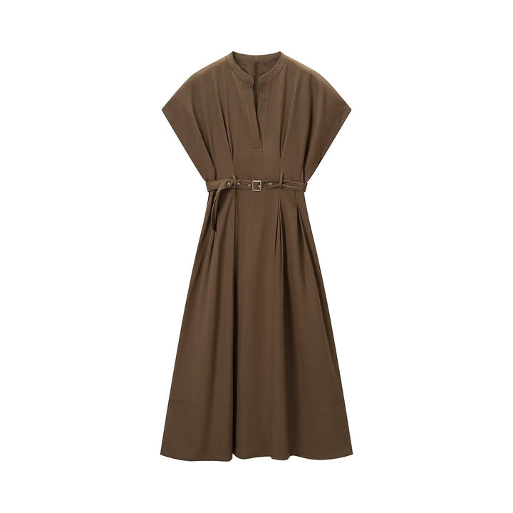 Women's A-Line Midi Dress with Stand Collar, Tailored Belt and Boxy Short Sleeves Mune Fashion