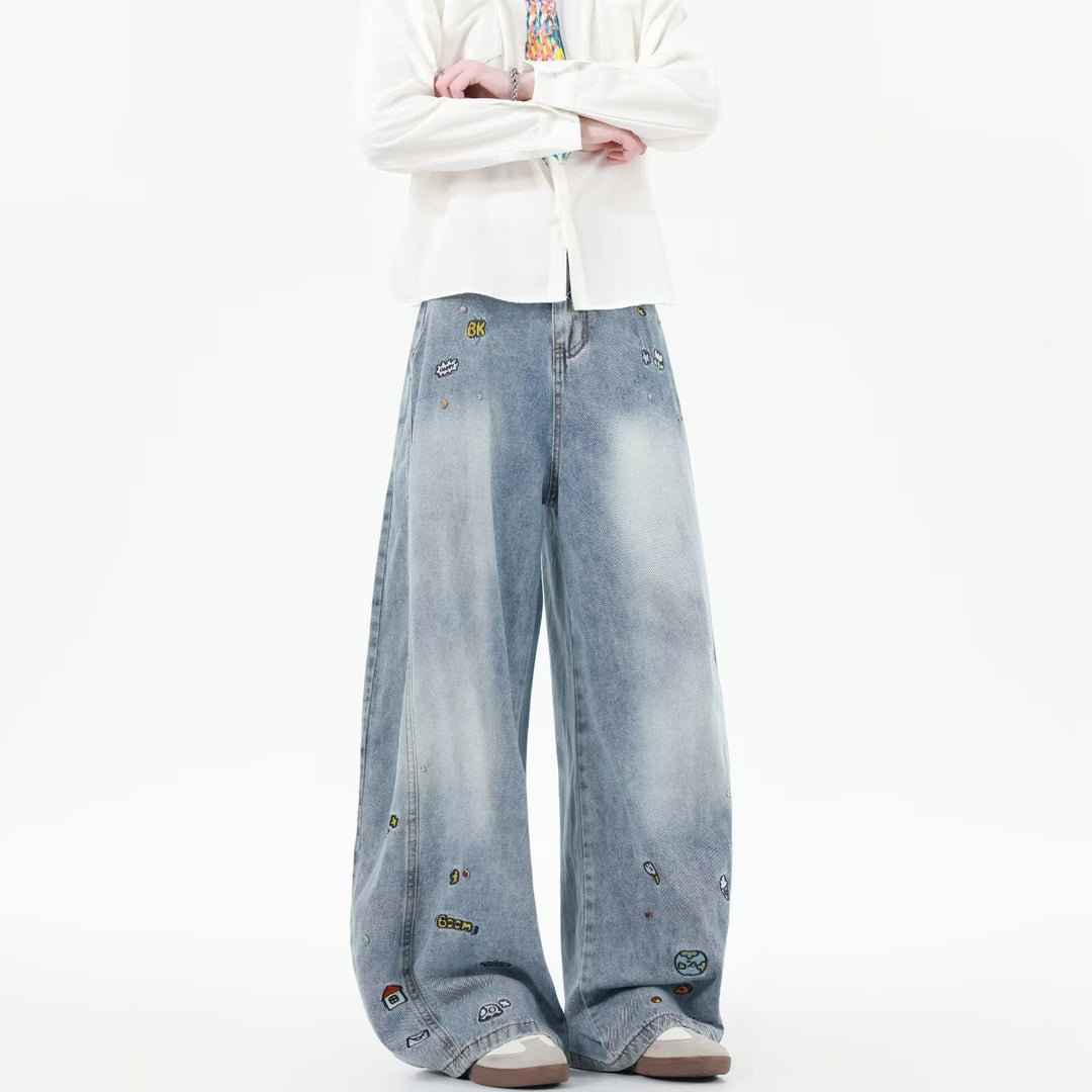 Men's Extra Wide Baggy Jeans with Playful Embroidery and Wide Leg Mune Fashion