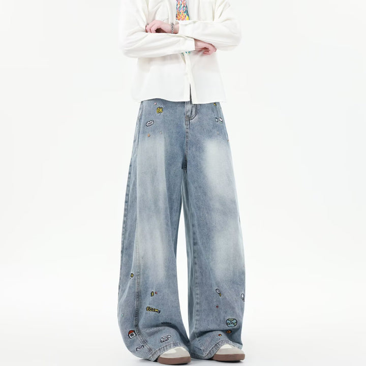 Men's Extra Wide Baggy Jeans with Playful Embroidery and Wide Leg Mune Fashion