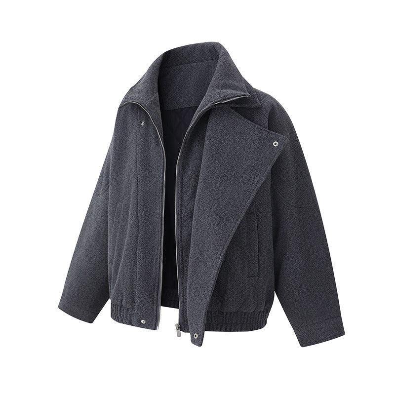 Men's Boxy Wool Blend Blouson Jacket with Asymmetric Double Fastening and High Stand-Up Collar Mune Fashion