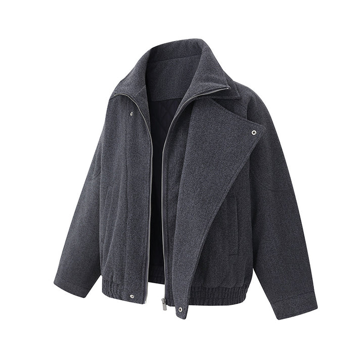 Men's Boxy Wool Blend Blouson Jacket with Asymmetric Double Fastening and High Stand-Up Collar Mune Fashion