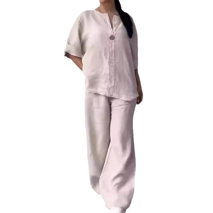 Women's casual linen relax set with wide pants and shirt blouse Mune Fashion