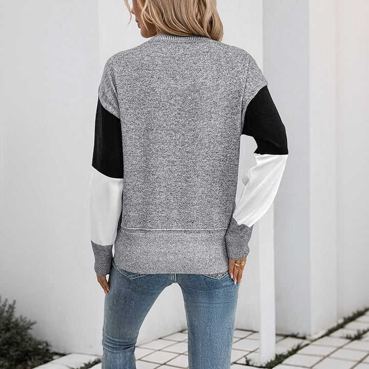 Women's block pattern knitted sweater with round neck and relaxed fit Mune Fashion