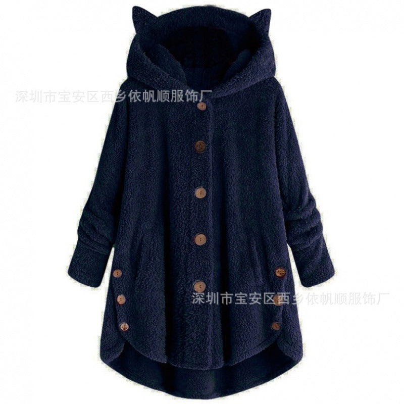 Women's Hooded Teddy Coat with Cat Ears, Button Placket and Asymmetrical Hem Mune Fashion