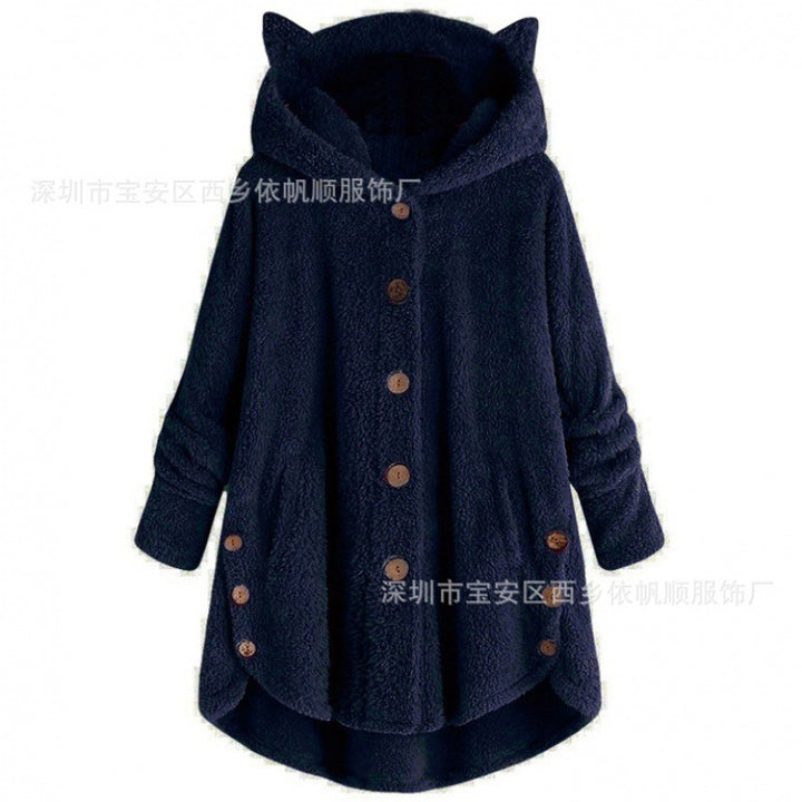 Women's Hooded Teddy Coat with Cat Ears, Button Placket and Asymmetrical Hem Mune Fashion