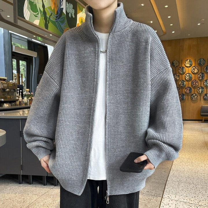 Unisex Oversized Knit Zip Jacket with Stand-Up Collar and Ribbed Cuffs Mune Fashion
