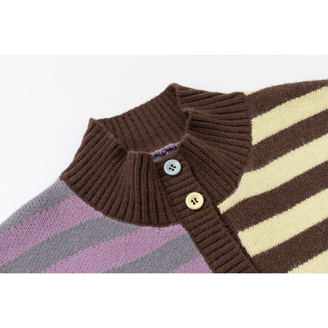 Women's cardigan in patchwork stripe mix with stand collar and button placket Mune Fashion