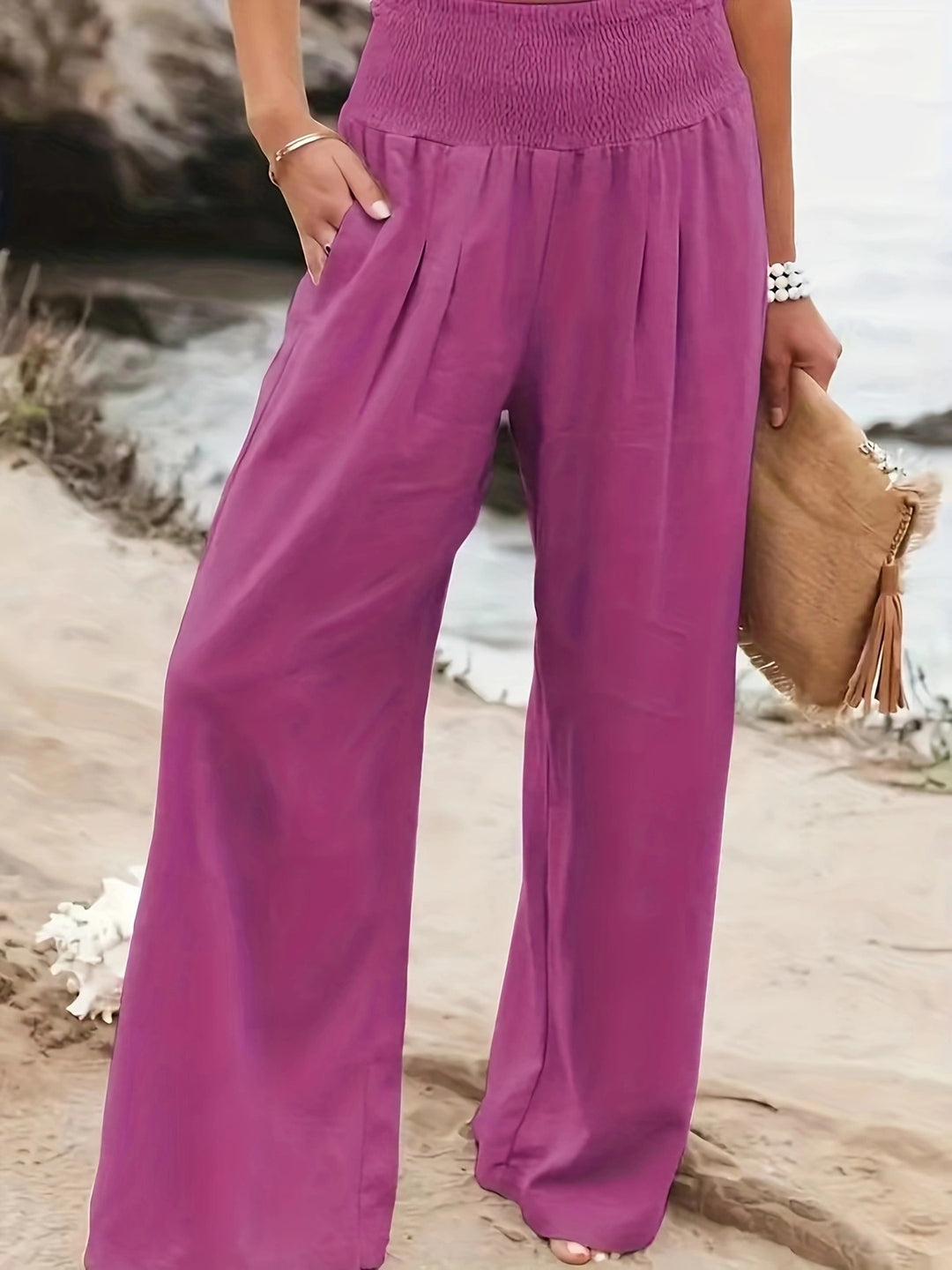 Women's Wide Linen Pants with Smocked Band and Side Pockets Mune Fashion