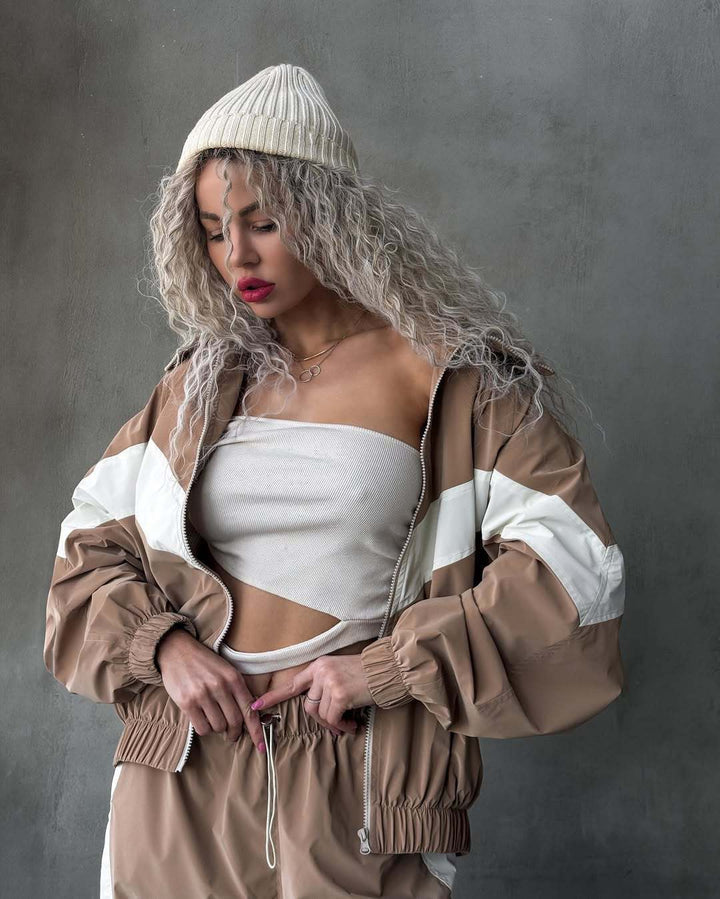 Women's Two-Piece Oversized Windbreaker Set with Contrast Stripes, Elastic Hem and Drawstring Pants Mune Fashion