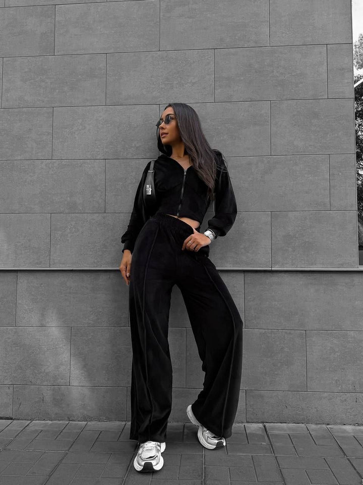 Women's short hooded cropped zip sweatshirt with tailored chest hem and wide velour lounge pants with elastic waistband Mune Fashion