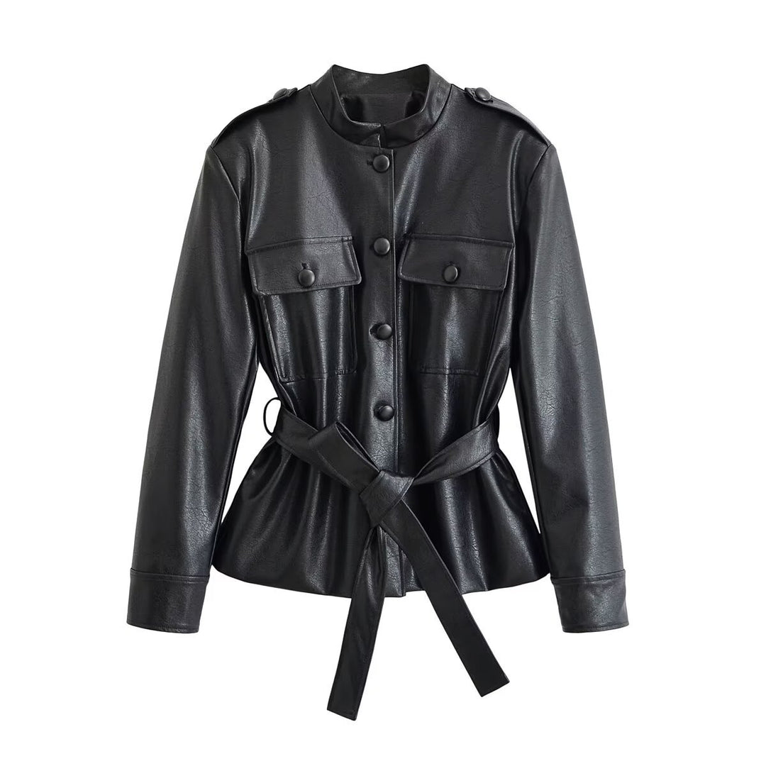 Women's Tailored Faux Leather Jacket with Tie Belt, Stand-Up Collar and Flap Pockets Drune