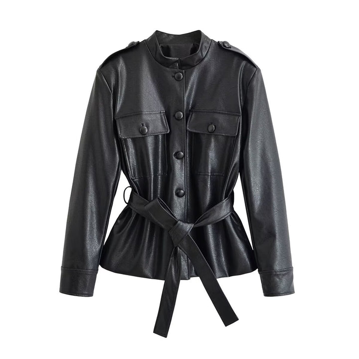 Women's Tailored Faux Leather Jacket with Tie Belt, Stand-Up Collar and Flap Pockets Drune
