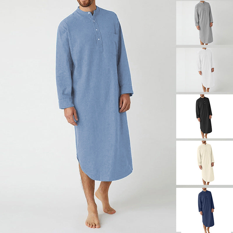 Men's long loose shirt with stand-up collar, chest pocket, and curved hem Mune Fashion