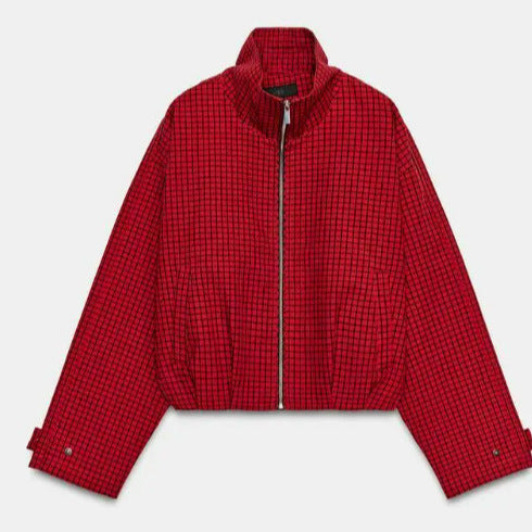 Women's Cropped Blouson Jacket made of woven fabric with stand-up collar, elastic hem, and fine check design Mune Fashion