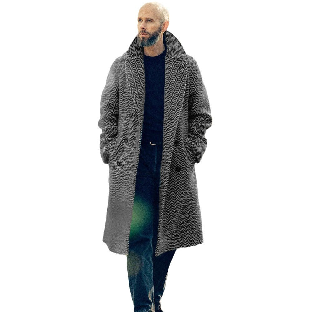 Men's Double-Breasted Wool Blend Coat with Herringbone Pattern and Waist Belt Mune Fashion