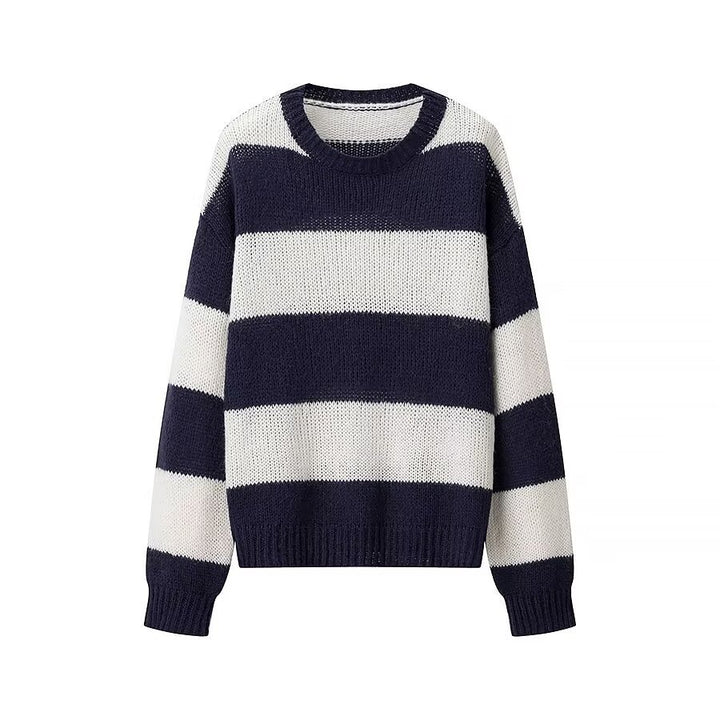 Women’s oversized knitted sweater with wide block stripes and round neck Mune Fashion