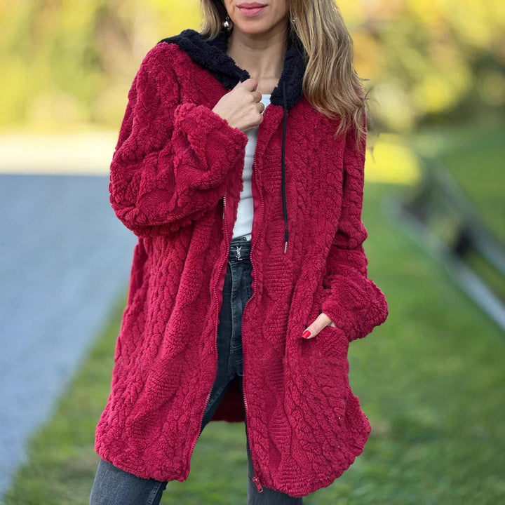 Women's oversized teddy coat jacket with contrasting hood, zipper, and side pockets Mune Fashion