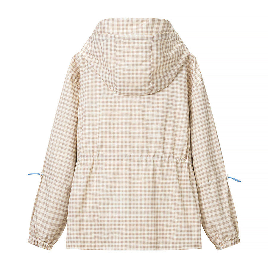 Women's Lightweight Checkered Hooded Jacket with Drawstring and Zipper Pockets Mune Fashion