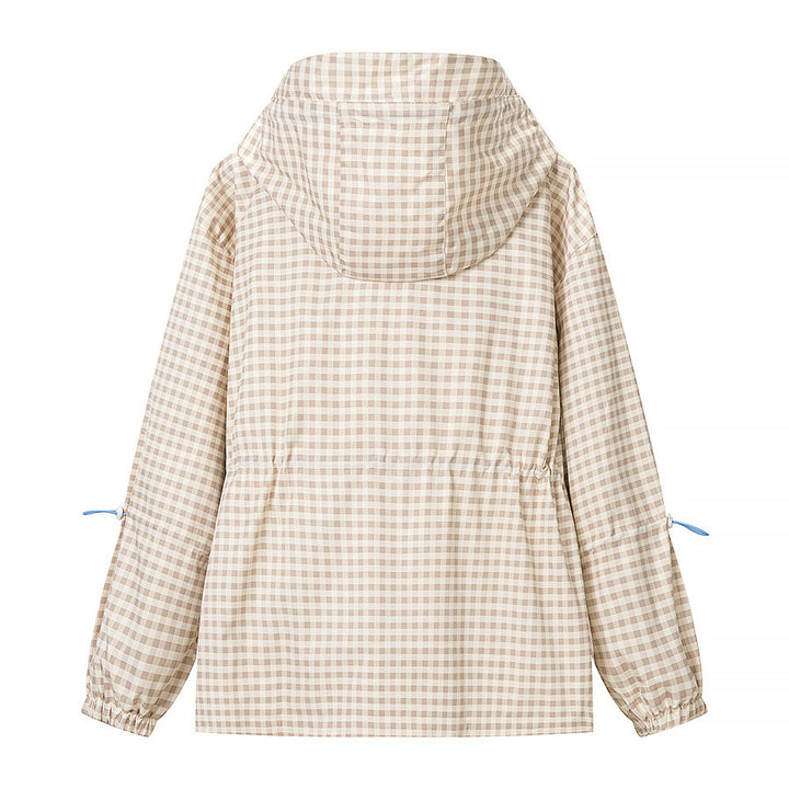 Women's Lightweight Checkered Hooded Jacket with Drawstring and Zipper Pockets Mune Fashion