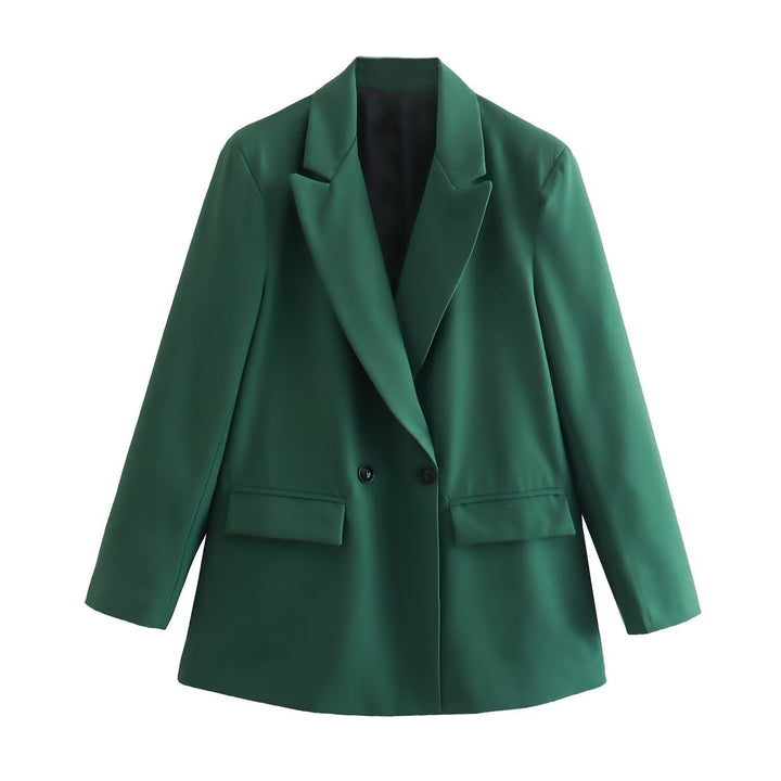 Ladies Double-Breasted Long Blazer with Wide Shawl Collar and Patch Pockets Mune Fashion