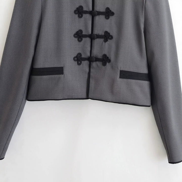 Women's Short Jacket with Mandarin Collar and Decorative Knot Closures Mune Fashion