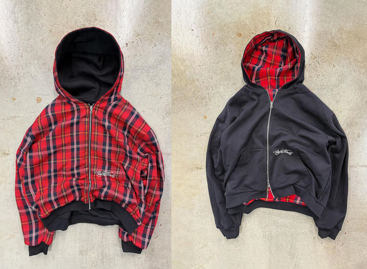 Unisex nan reversible hoodie jacket with checked lining, full zip and kangaroo pocket Mune Fashion