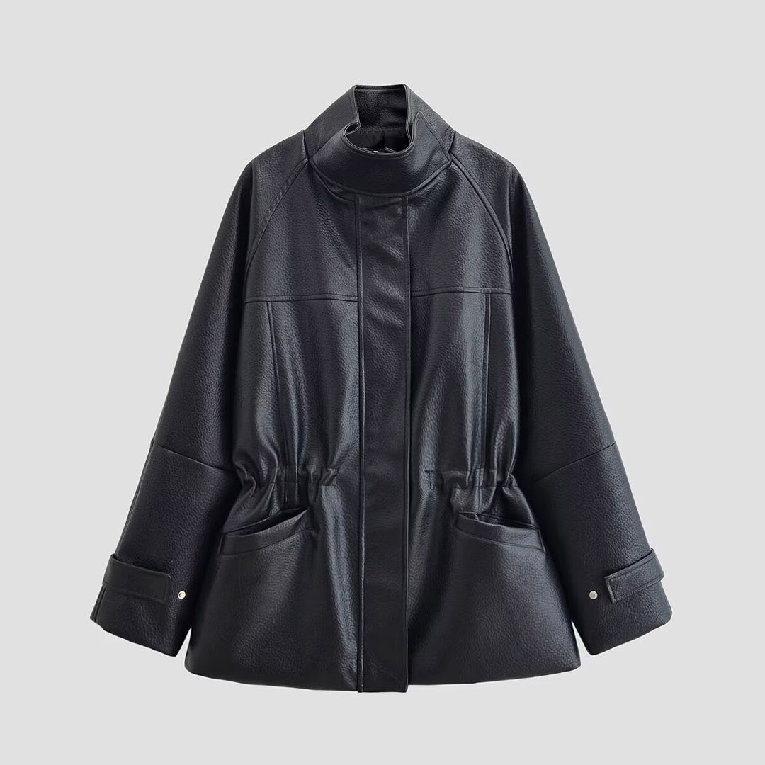 Women's Oversized Jacket in Leather Look with Stand-up Collar and Waist Drawstring Mune Fashion