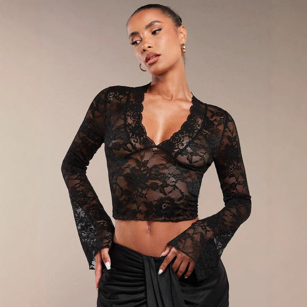 Women's sheer lace blouse with V-neck, tailored and bell sleeves Mune Fashion