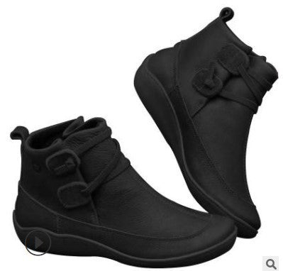 Women Ankle-Height Comfort Boots in Leather Look with Velcro Straps and Elastic Lacing Mune Fashion