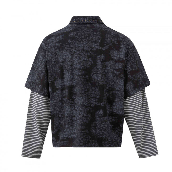 Unisex Layered Look Polo Shirt with Studded Collar, Graphic Print and Striped Sleeves Mune Fashion