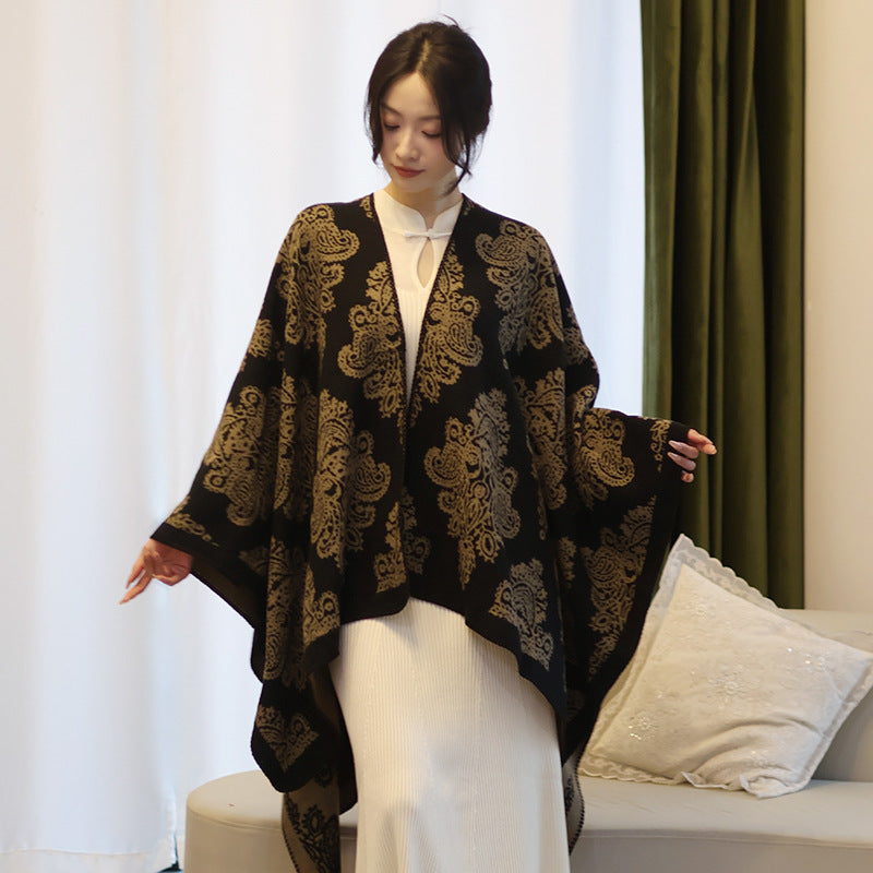 Women Oversized Wrap Cape with Double-Sided Jacquard and Asymmetric Zip Hem Mune Fashion