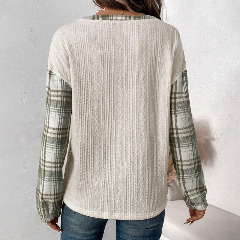 Women's Long-Sleeve Knit Blend Shirt with Checkered Sleeves, Henley Button Placket & Structure Mix Mune Fashion