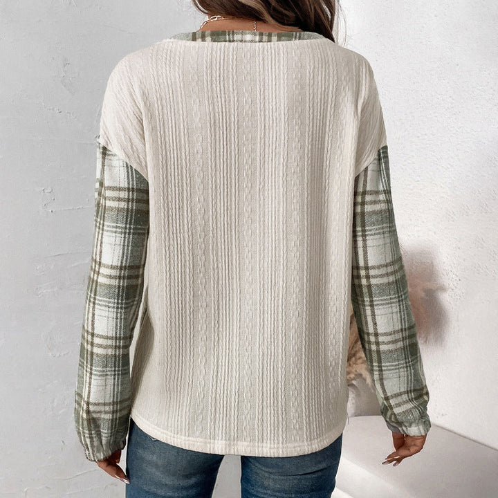 Women's Long-Sleeve Knit Blend Shirt with Checkered Sleeves, Henley Button Placket & Structure Mix Mune Fashion